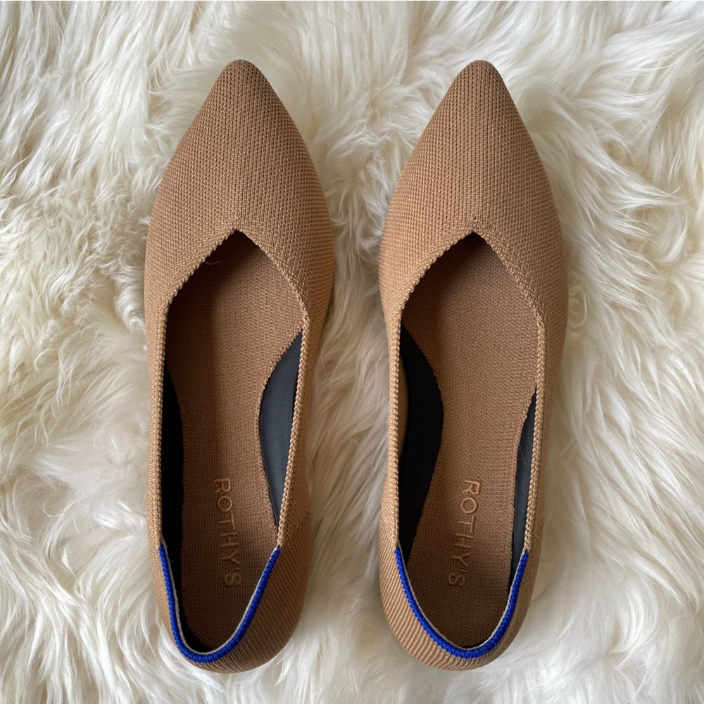 Rothy's Brown Pointed Flats with Blue Trim - Picture 2 of 11